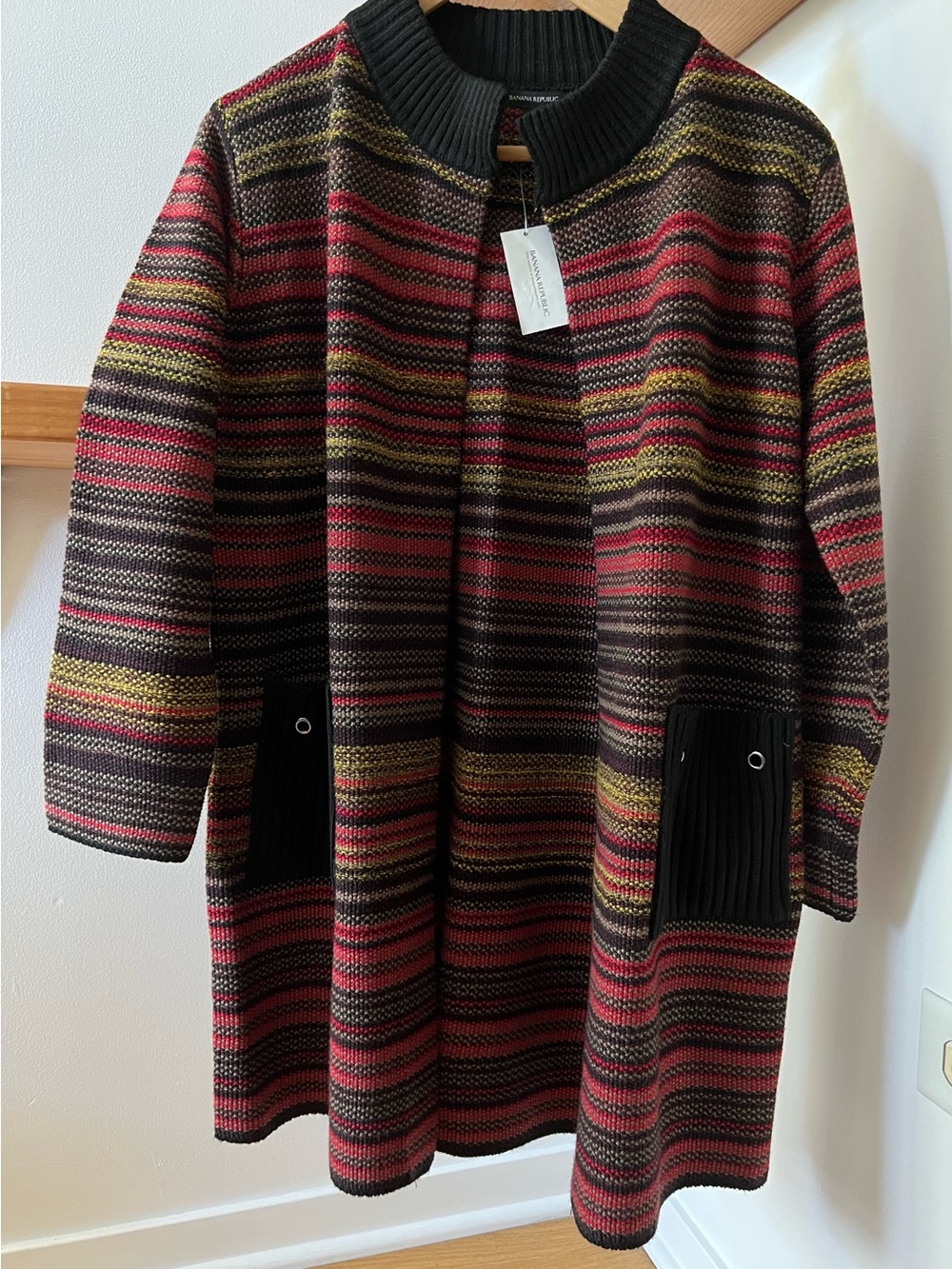 Banana Republic Striped Chunky Knit Open Front Cardigan in Red, Brown & Olive